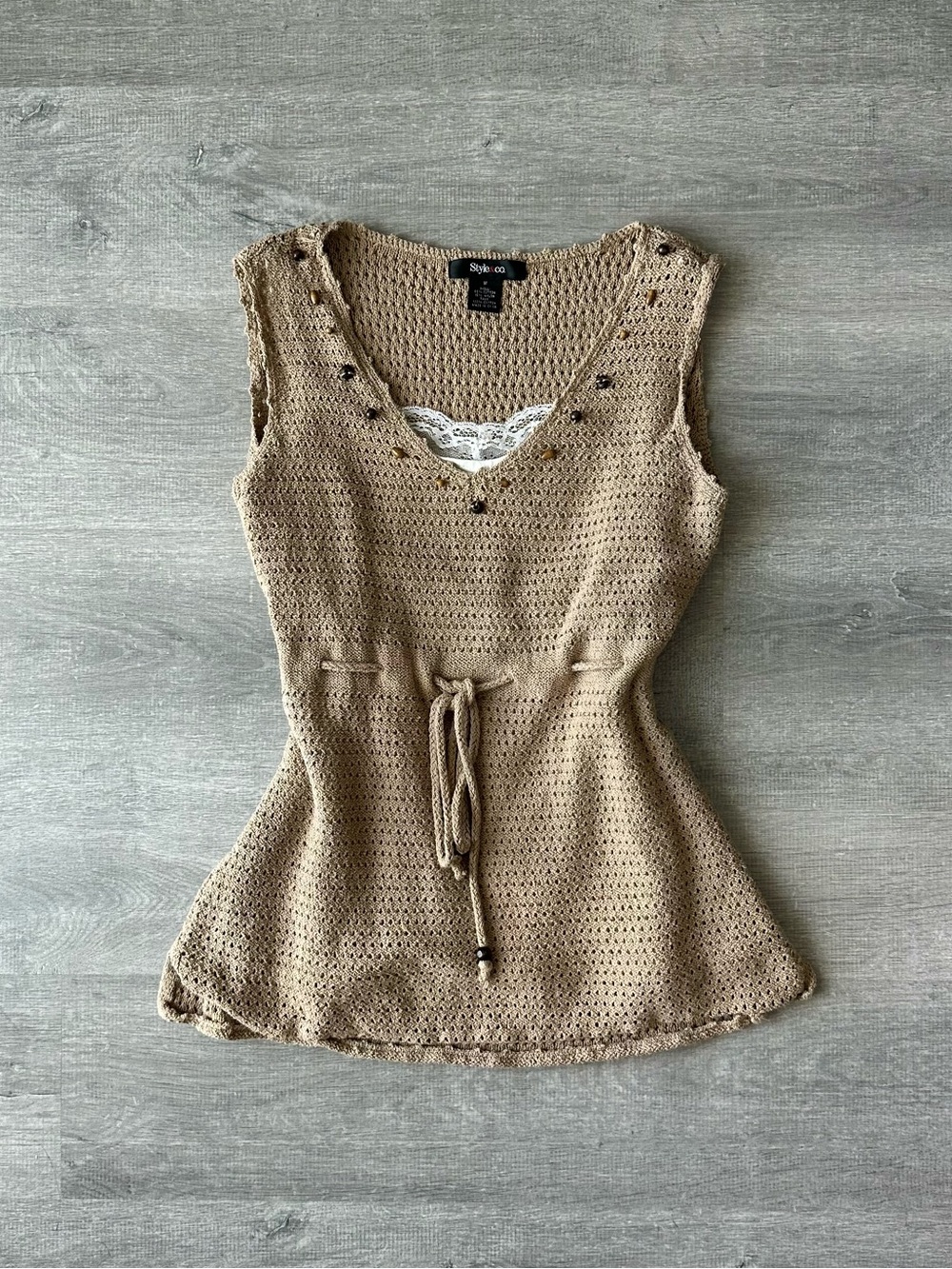 Y2K Style & Co. Women's Tan Crochet Tie-Waist Tank Top with white lace tank top